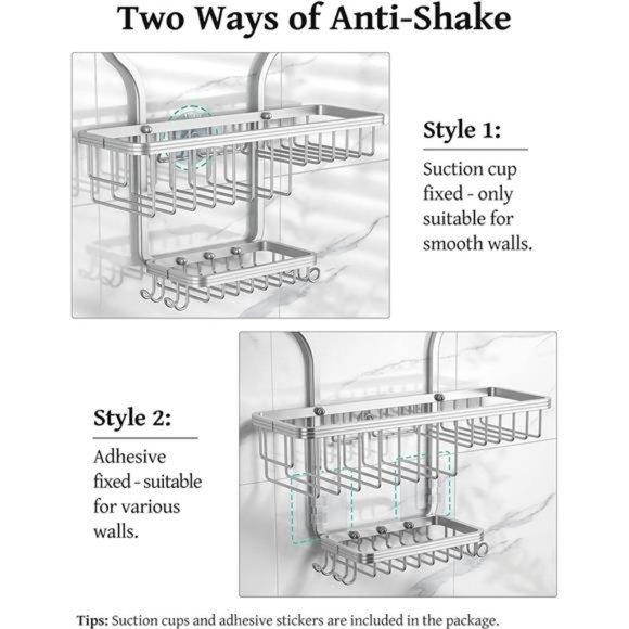 Hanging Shower Caddy Over Shower Head with 10 Hooks for Razor/Sponge Soap Basket - Picture 6 of 7